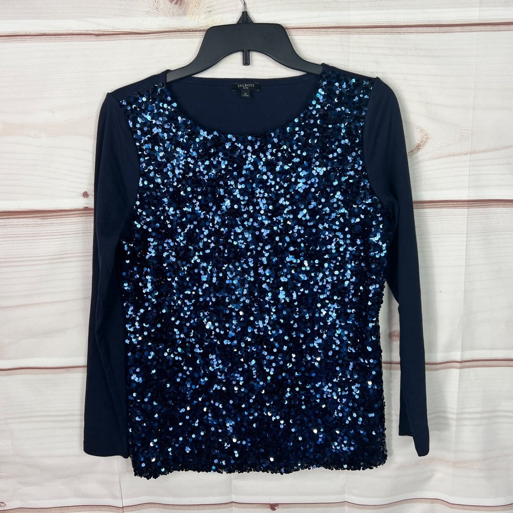 Talbots Top Women Petite PS Blue Sequin Blouse Long Sleeve Knit Round Neck Solid
